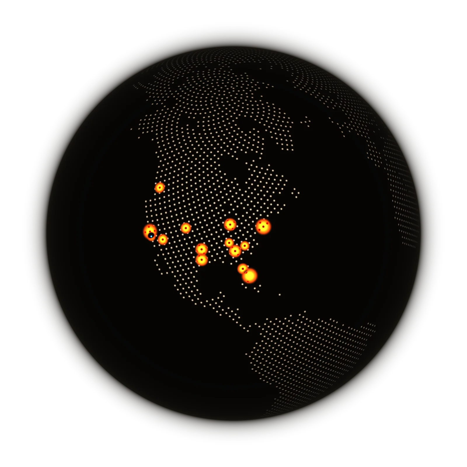 A globe turned to face the United States, with markers glowing on major US cities